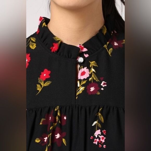 kate spade L Ma Cherie In Bloom Black Floral Smocked Waist Tiered A Line Dress - Picture 12 of 16